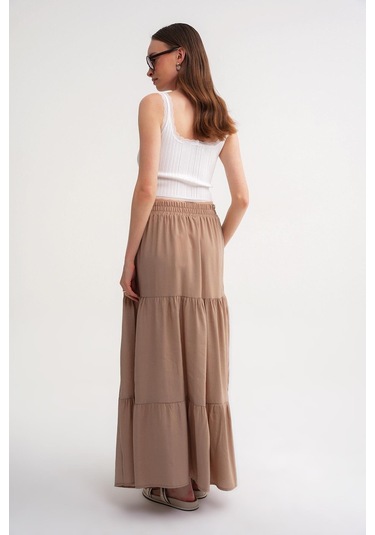 4662 Kadın Düğme Detaylı Büzgülü Modal Etek Toprak Toprak