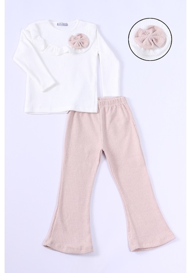 Kız Çocuk Triko Takım Fiyonklu Fırfırlı İspanyol Paça E21 Bej