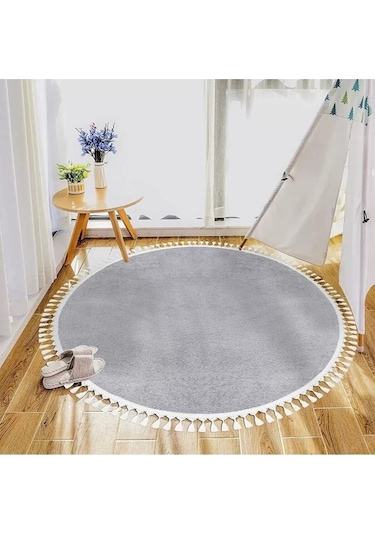 Vl Comfort Peluş Halı Beyaz Düz Saçaklı Açık Gri Yuvarlak