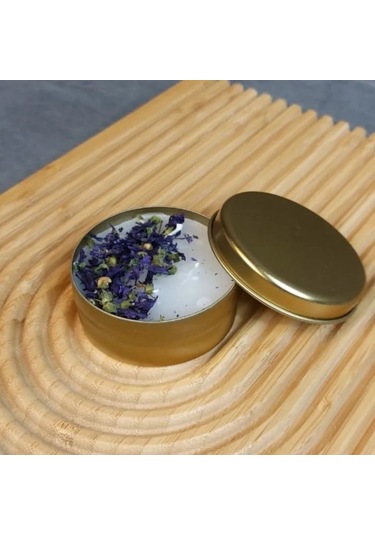 Uretti - Makbule 3845 7748 El Yapımı Gold Metal Kutuda Beyaz Mum - Mor Çiçek Beyaz