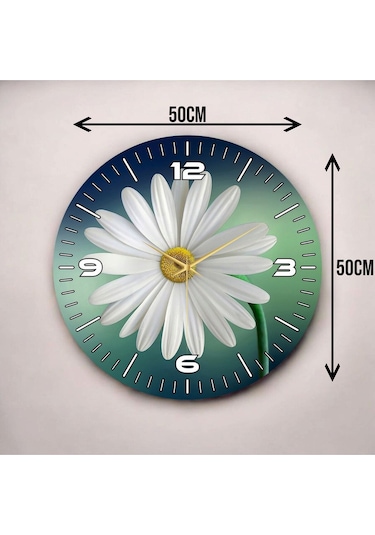 Renkli Baskı Çiçek Papatya Desenli Sayılı Hediyelik Ahşap Sessiz Duvar Saati 50cm ÇOk Renkli