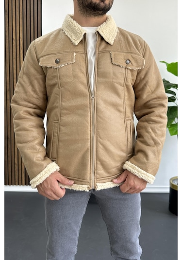 Erkek İçi Kürklü Suni Pul Deri Mont Krem Edw120-krem Krem