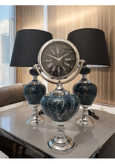 2'li Abajurlu Saatli Set Dekoratif Analog Saat - Yeşil Yeşil