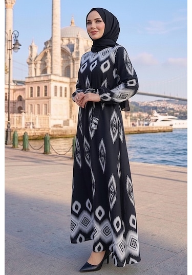 Bestenur Alera Desenli Viskon Elbise 1720 - Siyah