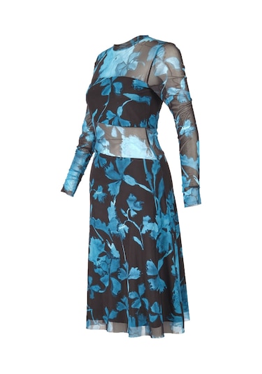 Explosion Uzun Kol Midi Şeffaf Elbise - Çiçek Desenli - Bohemian Stil Turkuaz