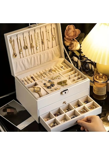 Kilitli Lüks Büyük Kapasiteli Takı Kutusu -beyaz