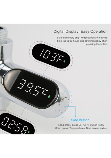 Mufunye Banyo Su Sıcaklığı Ölçer Led Işıklı, 5-85 C Aralığı, 0.5 C Hassasiyet, C/ F Desteği, Pil Ve Şarj Yok