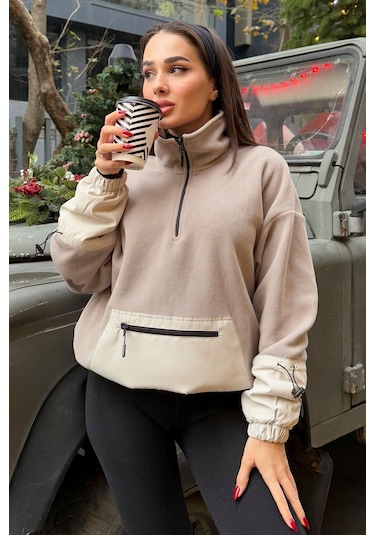 Tommy Life Koyu Bej Etek Ucu Büzgülü Yarım Fermuarlı Oversize Kadın Polar Sweatshirt - 97238 Koyu Bej