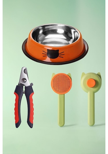 Kedi Köpek Mama Su Kabı + Tarak + Tırnak Makası Seti