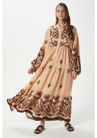 Modest Rosabella Pudra Kadın %100 Viskon Maksi Boy Katlı Balon Kol Uzun Yazlık Elbise Pudrasiyah