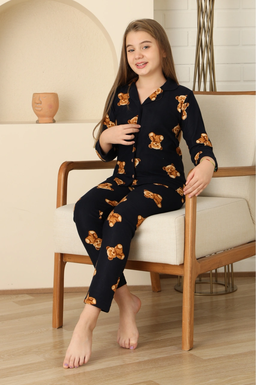 Kız Çocuk Pat Yakalı-ayıcık Baskılı Ve Düğme Kapamalı Pijama Takımı 12308 Lacıvert
