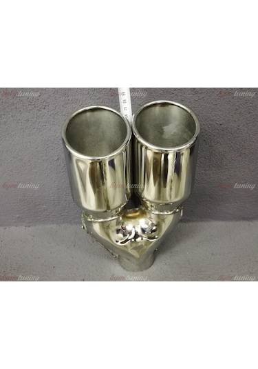 Yuvarlak Eğik Ağız 90mm Çift Çıkış Egzoz Ucu. Paslanmaz Krom