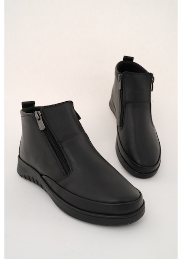 Muggo Feniks Hakiki Deri Çift Fermuarlı Kadın Bot Siyah
