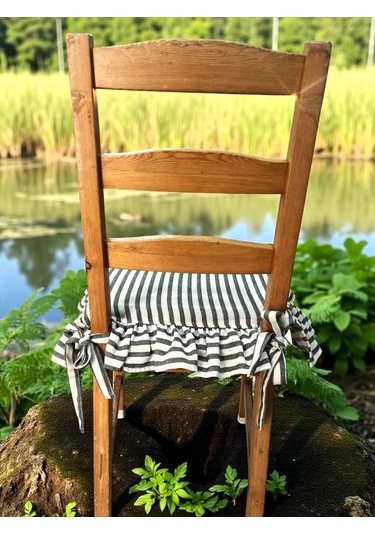 Siyah Çizgili Buldan Yıkanmıs Keten 4 Tarafı Fırfırlı Sandalye Minderi Çok Renkli