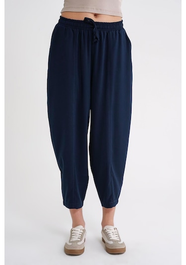 4307 Kadın Beli Lastikli Parçalı Şalvar Pantolon Lacivert Lacivert