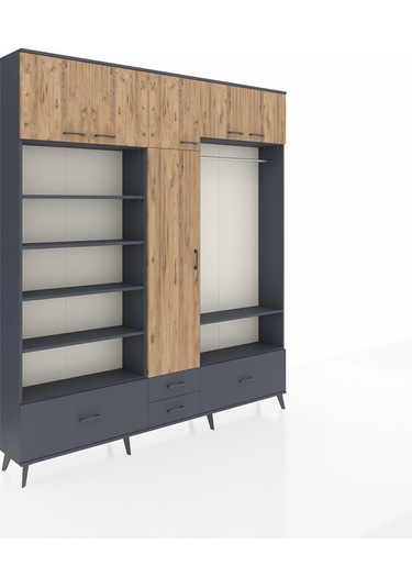 Arges Dolap 18 Raflı 4 Çekmeceli Tek Askılı 220x30x243 Antrasit-çam/antrasit Atlas Çam/antrasıt