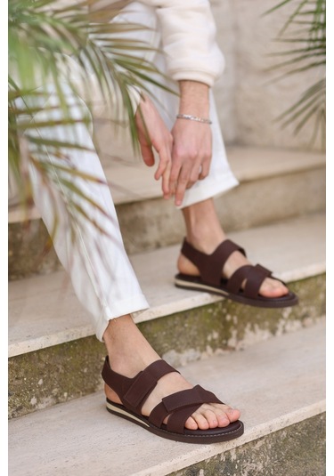 Hakiki Deri Kalın Bantlı Ortopedik Tasarım Erkek Sandalet Terlik Kahverengi