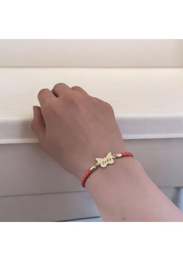 Seda İsmine Özel Turuncu Derili Kelebek Motifli 14 Ayar Altın Plakalı Hediye Bileklik-502isim Seda