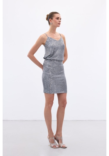 Sateen Payetli Mini Etek - Gri-136650 Gri