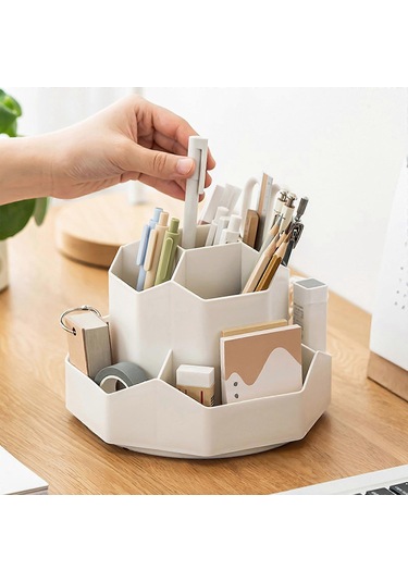 Ganzhoushop Ofis Okul İçin Kalemlik Dönen Masa Düzenleyici 360 Dönen Kalemlik Büyük Kapasiteli Kırtasiye Saklama Kutusu Beyazaçık Gri