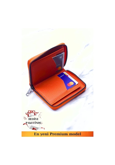 Unisex Vegan Deri Fermuarlı Turuncu Cüzdan Kartlık Ve Portföy Hediye Paketinde Turuncu
