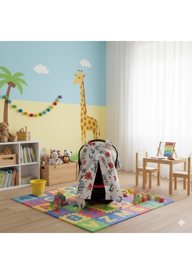 Denizci Temalı Bebek Puset Örtüsü Çapa & Dümen Desenli Çıt Çıtlı Puset Örtüsü Açık Mavi