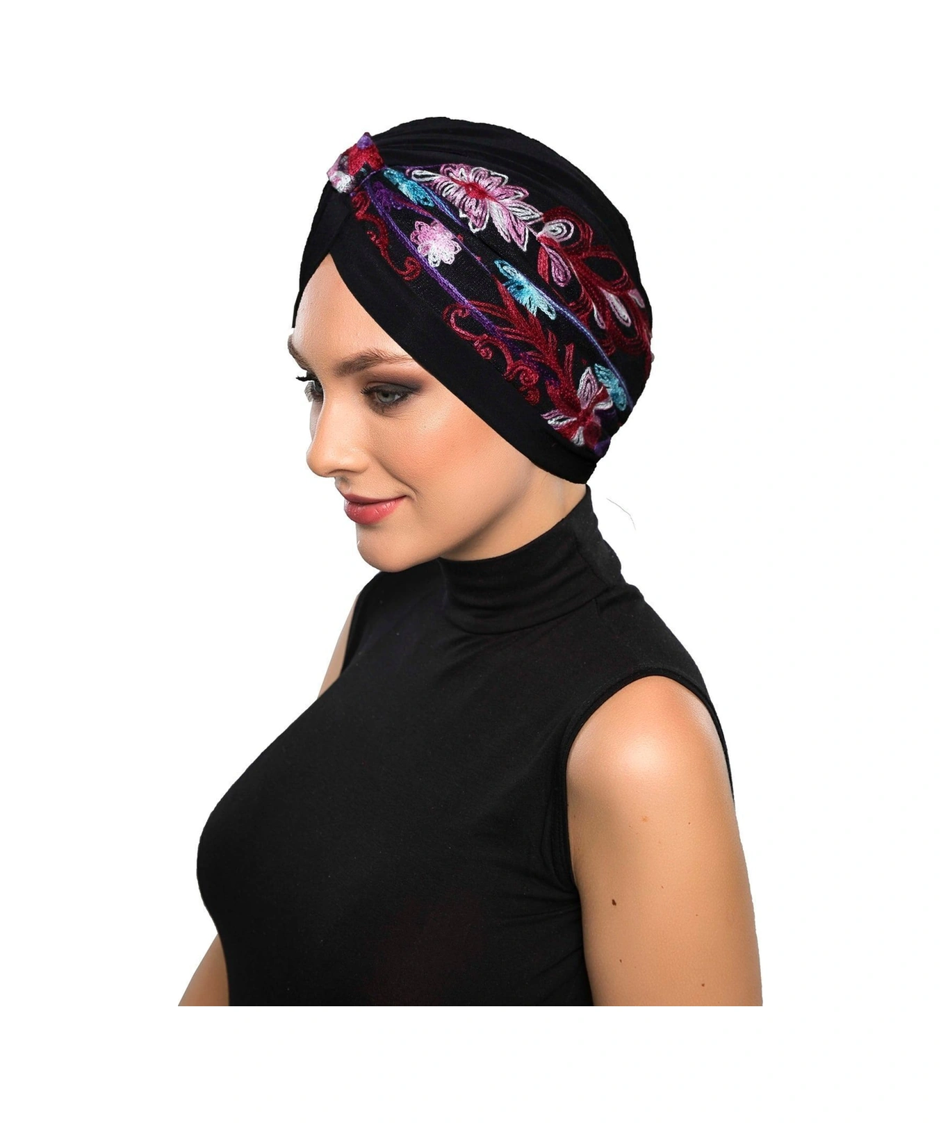 Otantik Nakış Motifli Astarlı Hazır Türban Tesettür Bone Siyah Motif 4