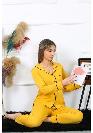 Akbeniz Kadın Pamuk Penye Önden Düğmeli Uzun Kol Sarı Pijama Takım 2782-sarı Sarı