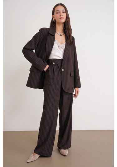 4753 Kadın Çizgili Oversize Blazer Ceket Kahve Kahve