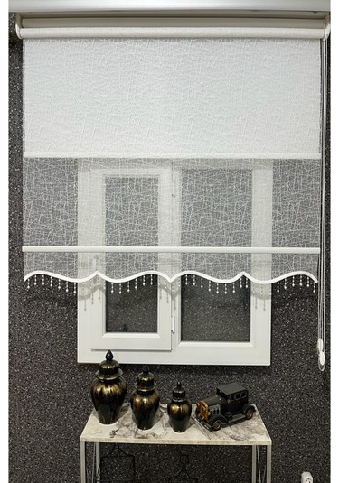 İncilifehome İcl1084 Çift Mekanizmalı Geometrik Desenli Tül Ve Stor Perde Kırık Beyaz Boncuklu Kırık Beyaz