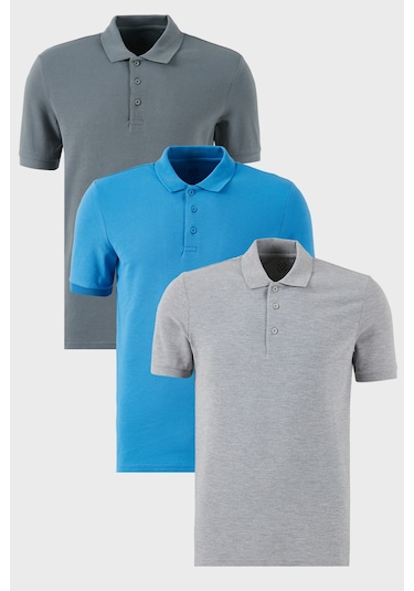 Buratti Pamuklu Regular Fit Düğmeli Polo Yaka 3'Lü Paket Erkek T Shirt 5902127S3 Koyu Mavi-Açık Haki-Gri Melanj