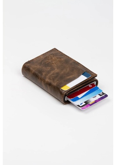 Tuldar Erkek Rfıd Otomatik Çekim Koruyucu Mekanizmalı Kağıt Para Bölmeli Hediyelik Kartlık Cüzdan Tul601 - Koyu Kahverengi