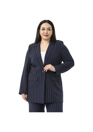 Büyük Beden Çizgili Lacivert Ceket Pantolon İkili Takım Lacivert