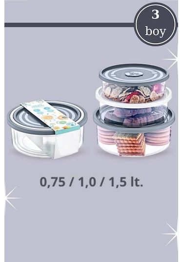 Flora Yuvarlak Modüler Erzak Saklama Kabı 3'lü Set 750 ML + 1 L + 1.5 L