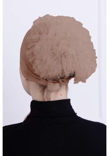 Fırfırlı Önden Dikişli Penye Bone - Kadın Tesettür Bağlamalı Topuz İç Bone-vizon Vizon