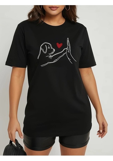 Sensuelle Kadın Kısa Kollu Bisiklet Yaka Köpek Baskılı Viskon Bluz Siyah
