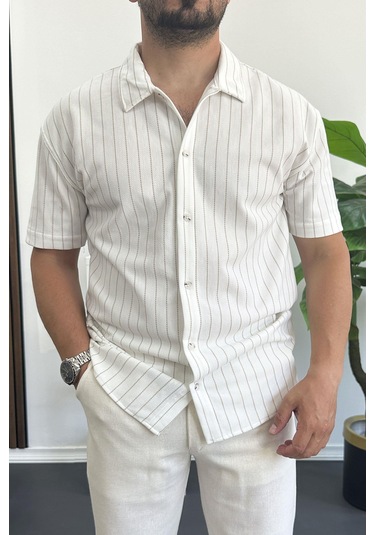 Erkek Dik Çizgili Kısa Kollu Gömlek Krem Edw387 Krem