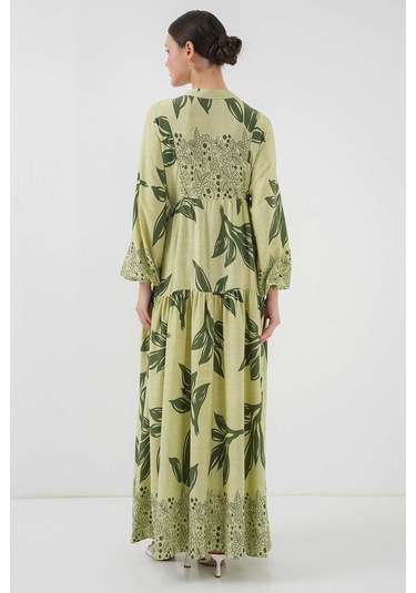 Gabria Ön Düğmeli Desenli Viskon Elbise Fıstık Yeşili