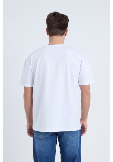 Erkek Oversize Baskılı T-shirt Beyaz Vintage Logo Beyaz