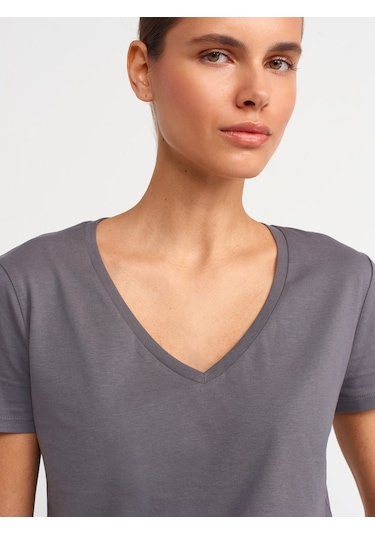 Dilvin V Yaka Basic T-shirt-füme Füme
