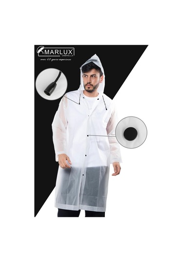 Marlux Unisex Su Rüzgar Geçirmez Kapüşonlu Çıtçıt Düğme Eva Yağmurluk - Beyaz - Siyah
