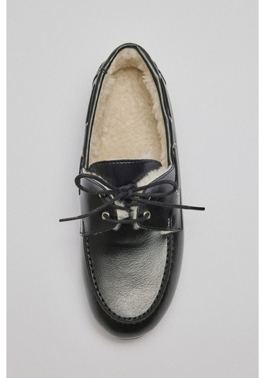Lutvelizade Loafer 2515 İçi Kürklü Bağcıklı Siyah Kadın Loafer