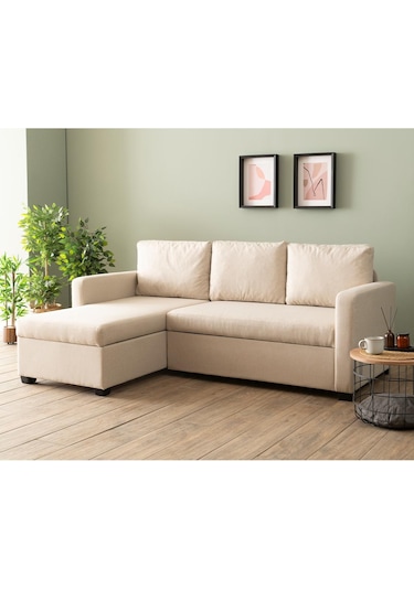 Pafu Kado Yataklı Köşe Koltuk Takımı - Keten Krem Krem