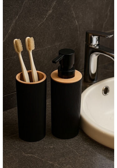 Quardi Banyo Seti Modern Çizgili - 7 Litre Kova 4 Parça Banyo Çöp Kovası Seti Siyah