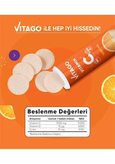 Vitago Vitamin C Vitamin D Çinko 20 Tablet