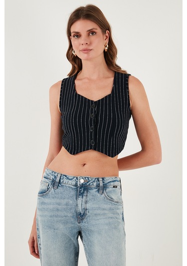 Lela Slim Fit Kalp Yaka Düğmeli Kalın Askılı Crop Bayan Yelek 5865497 Lacivert Çizgili