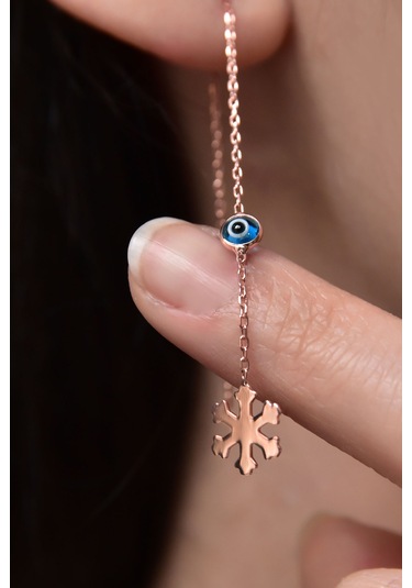 925 Ayar Gümüş Kartanesi Zincir Cam Göz Kadın Küpe