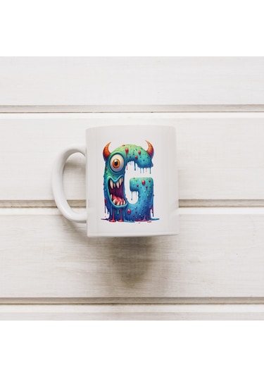 G Harfi Bardak, Sevimli Canavarlar Harflı Bardak Hediyesi Porselen Beyaz