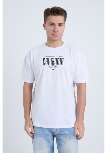 Erkek Oversize Baskılı T-shirt Beyaz California Beyaz