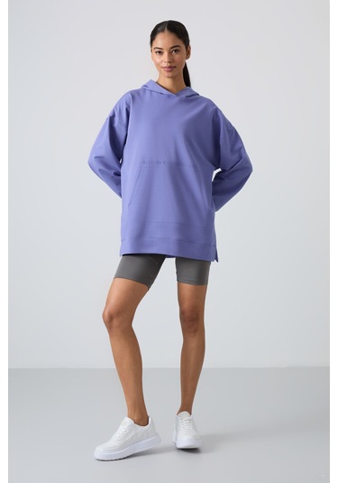 Tommy Life Eflatun Balon Kol Yazı Nakışlı Kadın Oversize Tunik Sweatshirt - 97163 Eflatun